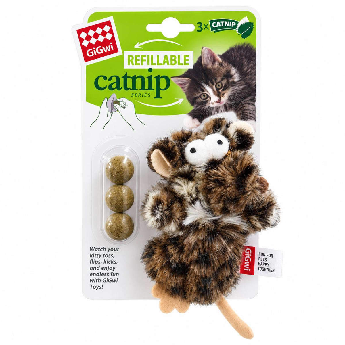 GIGWI 'REFILLABLE CATNIP' STRANGE MOUSE INCLUDING CATNIP BALLSX3