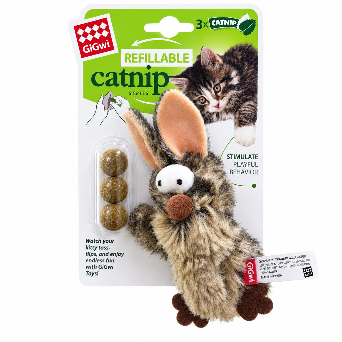 RABBIT 'REFILLABLE CATNIP' WITH 3   CATNIP BALLS